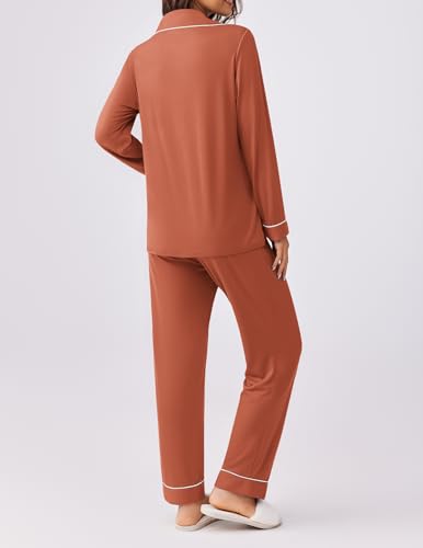 Ekouaer Womens Pajamas Set Button Down Long Sleeve Top & Pants Lounge Sets - color: Caremel, size: Medium