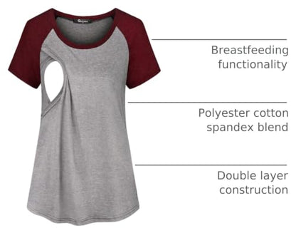 Quinee Womens Short Sleeve Maternity Nursing Tops Raglan Breastfeeding Shirts - color: Wine, size: Medium
