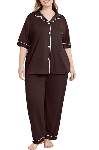 Women Plus Size Button Down Pajamas Long Pants Lounge Sets PJS - color: Brown, size: 3X-Large
