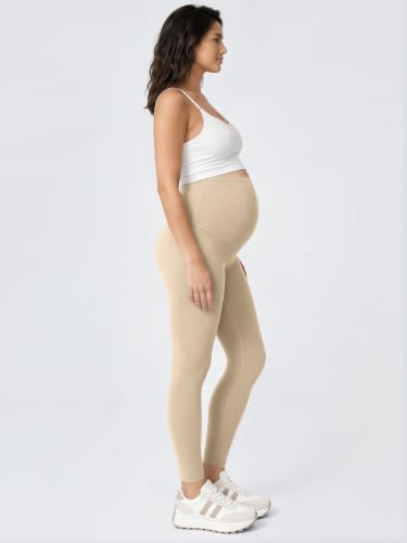ODODOS Women's Maternity Leggings 25" - Buttery Soft Over The Belly Pregnancy Lounge Yoga Pants - color: Beige, size: X-Small