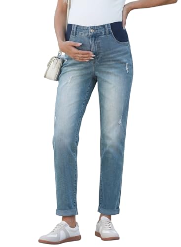 BLENCOT Maternity Jeans High Rise Stretchy Waistband Straight Leg - color: Myosotis, size: Medium