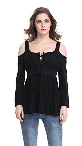 Women's Cold Shoulder Lace Up Casual Tunic Solid Blouse Tops - color: Black, size: Large
