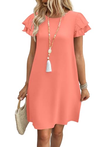 OFEEFAN Womens Summer Dresses 2026 Ruffle Sleeve Round Neck Loose Swing Sundresses with Pockets Plain/Print - color: Plain Pink, size: XX-Large