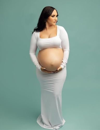 Women's Maternity Elegant Fitted Maxi Dress for Photoshoot - color: White, size: Small