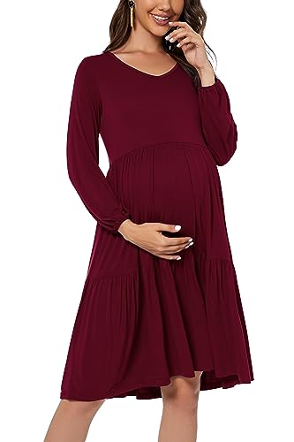 Smallshow Women's Maternity Dress Ruffle Long Sleeve Pregnancy Clothes - color: Maroon, size: Medium