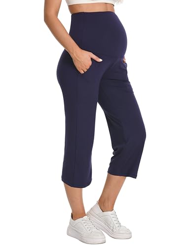 Foucome Maternity Capris Wide Leg Cropped Yoga Pants - color: Navy, size: Medium