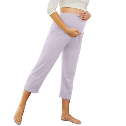 Maternity Capri Pants, Over The Belly Pregnancy Pants with Pocket - color: Light Purple, size: Small