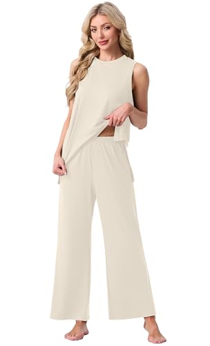 PrinStory Womens Pajamas Sets Sleeveless Pjs Set S-4XL - color: Beige Apricot, size: Large