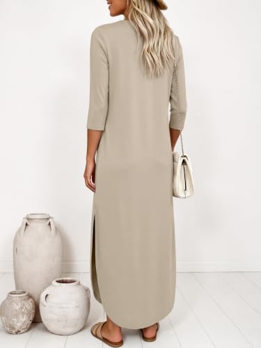 ANRABESS Women’s Air Layer 3/4 Sleeve Fall Maxi Dress & Pockets - color: Beige Grey, size: Medium