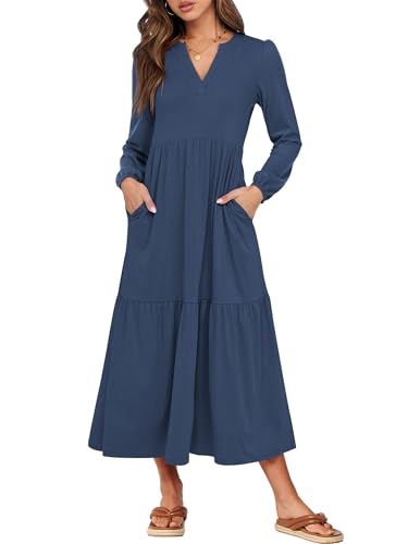 ANRABESS Women's Long Sleeve Fall Flowy Boho Maxi Dresses - color: Blue, size: Large