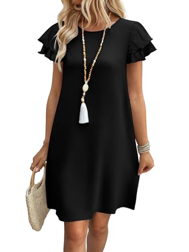 OFEEFAN Womens Summer Dresses 2026 Ruffle Sleeve Round Neck Loose Swing Sundresses with Pockets Plain/Print - color: Plain Black, size: Small