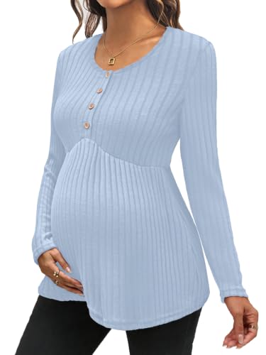 Genhoo Womens Maternity Tops Long Sleeve Maternity Shirts Henley Clothes - color: Light Blue, size: X-Large