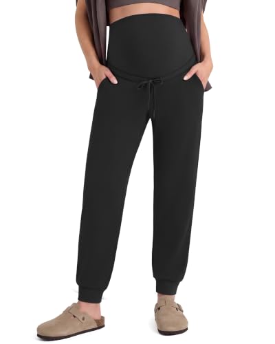 G4Free EverGoing Maternity Joggers with Pockets Drawstring Pregnancy Pants - color: Black, size: Medium