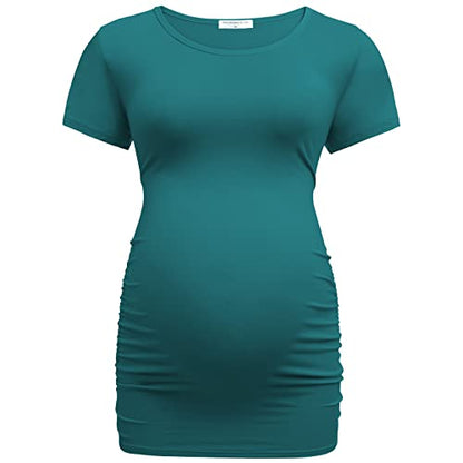 Bearsland Womens Maternity Tshirt 3 Packs Classic Side Ruched Tee Top Mama Pregnancy Clothes - color: Black+lakeblue+dpgreen(3pcs), size: Small