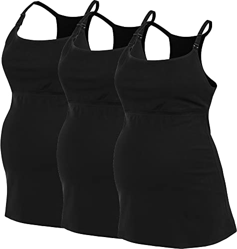 SUIEK Cotton Maternity Nursing Tank Tops with Shelf Bra Breastfeeding Camis - color: Black+black+black 3pack, size: Medium