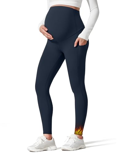 G4Free BareFeel Fleece Lined Maternity Leggings with Pockets Winter - color: Dark Navy, size: Medium
