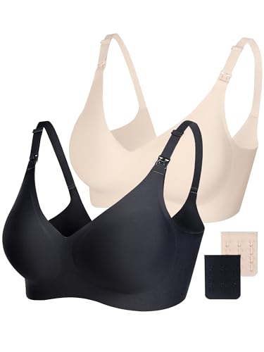 Vinfact Smooth Nursing Bras for Breastfeeding Seamless Maternity Bras for Pregnancy Wireless Bralette with Extra Bra Extender - color: 2pcs(black+beige), size: XX-Large