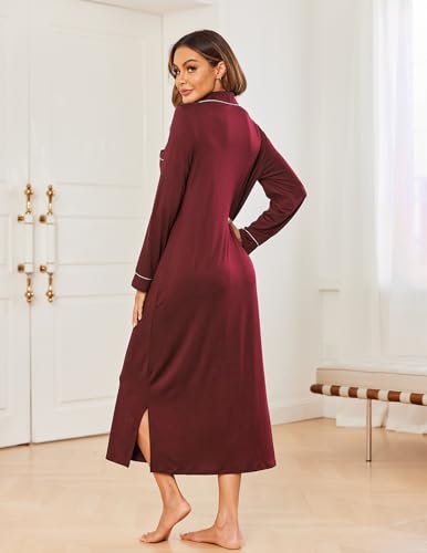 Ekouaer Long Sleeves Nightgowns for Women Button Down Night Gown - color: Wine Red, size: X-Large