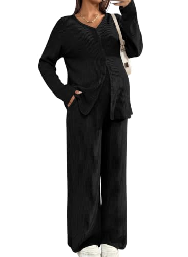 BLENCOT Maternity Lounge Set 2 Piece Long Sleeve Top and Pants with Pockets - color: Black, size: Medium