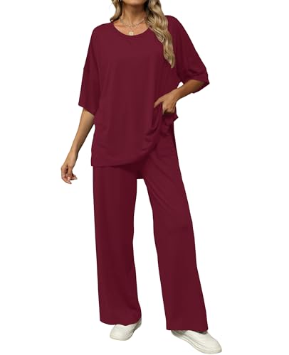 KevaMolly 2 Piece Lounge Set for Women Comfy Pajamas Set - color: Wine, size: Medium