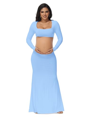 Women's Maternity Elegant Fitted Maxi Dress for Photoshoot - color: Light Blue, size: Small