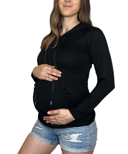 MISS POPULAR Womens Maternity Hoodie Ruched Side Long Sleeve Front Pocket Cozy Pregnancy Layering Sweatshirt - color: Black, size: Medium