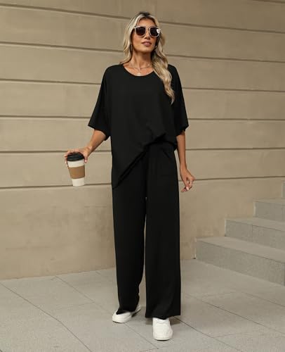 KevaMolly 2 Piece Lounge Set for Women Comfy Pajamas Set - color: Black, size: Medium