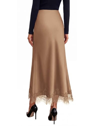 BTFBM Lace Trim Satin Skirts for Women Elegant - color: Coffee, size: Medium