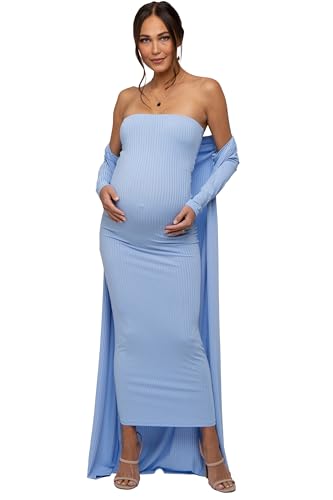 PinkBlush Ribbed Sleeveless Dress Cardigan Maternity Set - color: Light Blue, size: Small