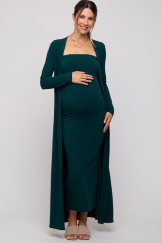 PinkBlush Ribbed Sleeveless Dress Cardigan Maternity Set - color: Forest Green, size: Medium