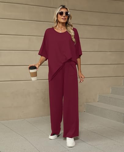 KevaMolly 2 Piece Lounge Set for Women Comfy Pajamas Set - color: Wine, size: Medium