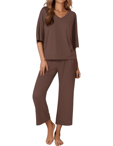 Ekouaer Lounge Sets for Women Comfy Pajamas Set 2 Piece Outfits - color: Brown, size: Small