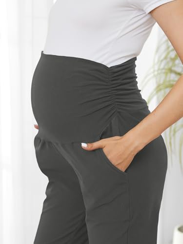 PARNIXS Maternity Two-Piece Set Basic Stretch Design with Pockets Soft Leggings for Active Moms Yoga Pants - Year-Round Wear - color: Black+gray, size: Medium