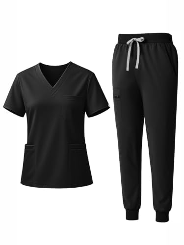 Scrubs for Women Set, V-Neck Top & Jogger Pants - color: Black, size: 3X-Large