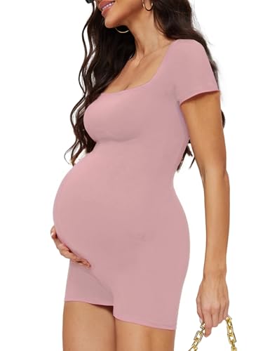Buttery Soft Maternity Romper, Square Neck Short Sleeve One Piece - color: Pink, size: X-Large
