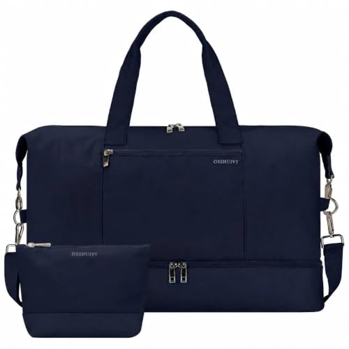 Oeihuivt Weekender Bags for Women - 20.5 Inch Large Travel Duffel Bag 2-Piece Set with Shoe Compartment, Heavy-Duty Canvas & Leather Carry On Overnight Tote (Airplane Approved) - color: Blue ethnic style-new