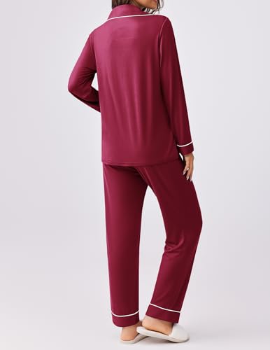 Ekouaer Womens Pajamas Set Button Down Long Sleeve Top & Pants Lounge Sets - color: Wine Red, size: X-Large