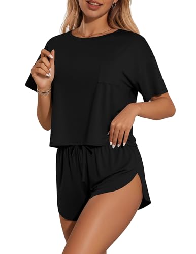 Ekouaer Womens Pajama Sets Sexy Lounge Sets Side Split Short Pj Sets - color: Black, size: XX-Large