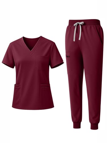 Scrubs for Women Set, V-Neck Top & Jogger Pants - color: Burgundy, size: Medium