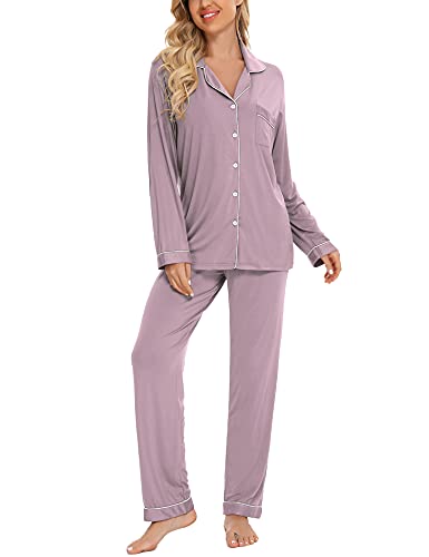Anjue Pajamas For Women Set Long Sleeve Button Up Sleepwear Soft Pjs - color: Lavender, size: Large