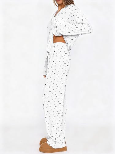Dressmine Ladies Long Sleeve Cute Pajama Sets 2 Piece Fall Outfits - color: Blue Flower, size: Small