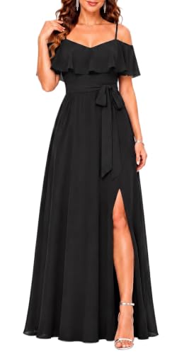 Formal Dresses Off the Shoulder Chiffon A-Line Long Dress Split Women - color: Black, size: Small