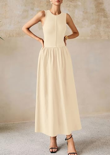 PRETTYGARDEN Pleated Maxi Dresses for Women with Pockets - color: Beige, size: Large