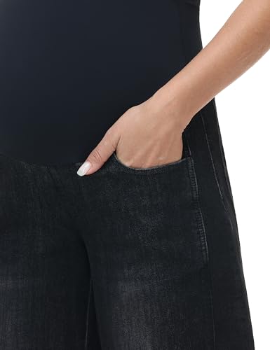 Maternity Barrel Jeans Wide Leg Denim Pants - color: Washed Black, size: Small