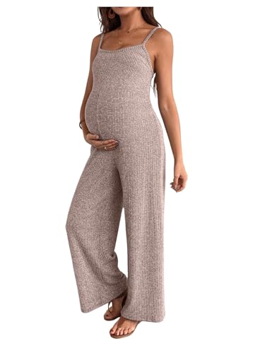 MakeMeChic Women's Maternity Cami Jumpsuit Ribbed Pregnancy Overalls Romper - color: Pink, size: Medium