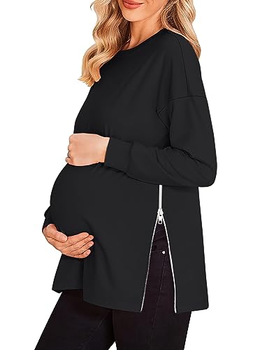 Women's Maternity Shirts Long Sleeve Sweatshirt Zipper Split Side Pregnancy Casual Tunic Top - color: Black, size: Large