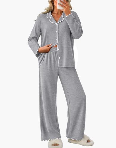 WIHOLL Women's Pajamas Sets Cute Ruffle Long Sleeve Button Up 2 Piece Pjs - color: Light Grey, size: XX-Large