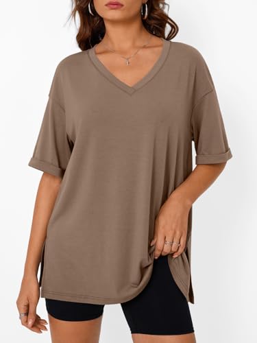 Trendy Queen Plus Size Oversized V Neck Tshirt Tops Workout Wear - color: Brown, size: Small