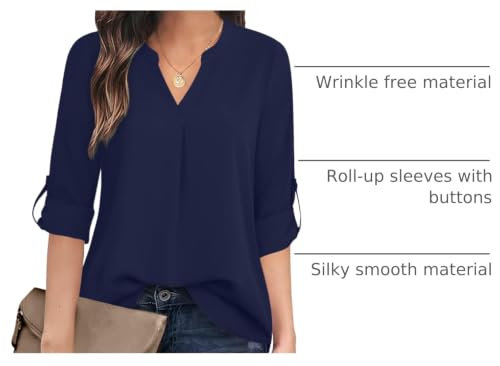 Timeson Women's Casual Chiffon V Neck 3/4 Sleeve Blouse Tops - color: Blue, size: XX-Large