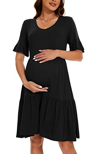 Smallshow Women's Maternity Dress Ruffle Short Sleeve Pregnancy Clothes - color: Black, size: Medium